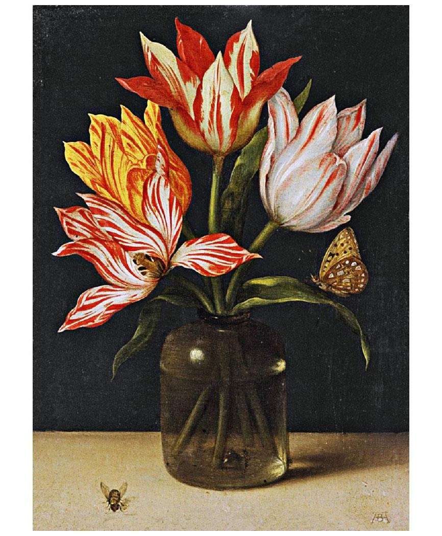  Ambrosius Bosshaert de Oude. Glazen vaas van vier tulpen. 1615. Museum Bredius, Den Haag
