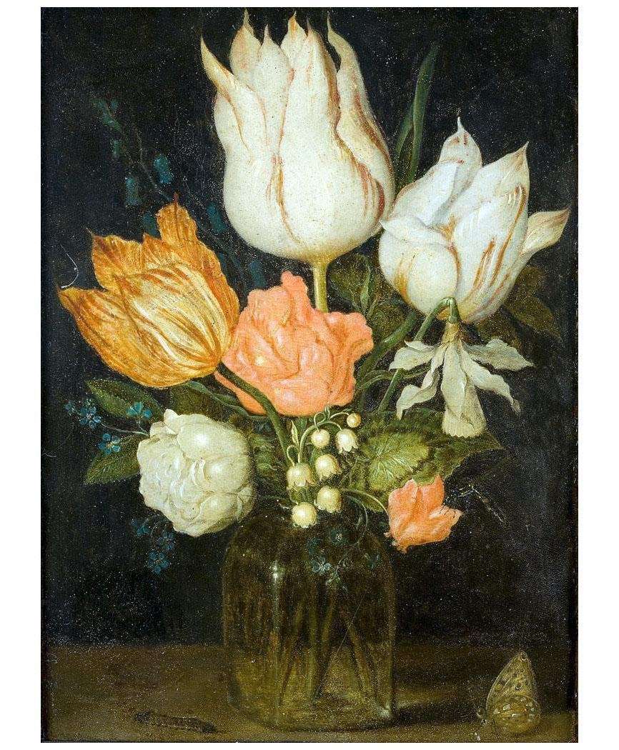  Ambrosius Bosshaert de Oude. Bloemen in een vierhoekig glazen vaasje. 1600s. Rijksmuseum