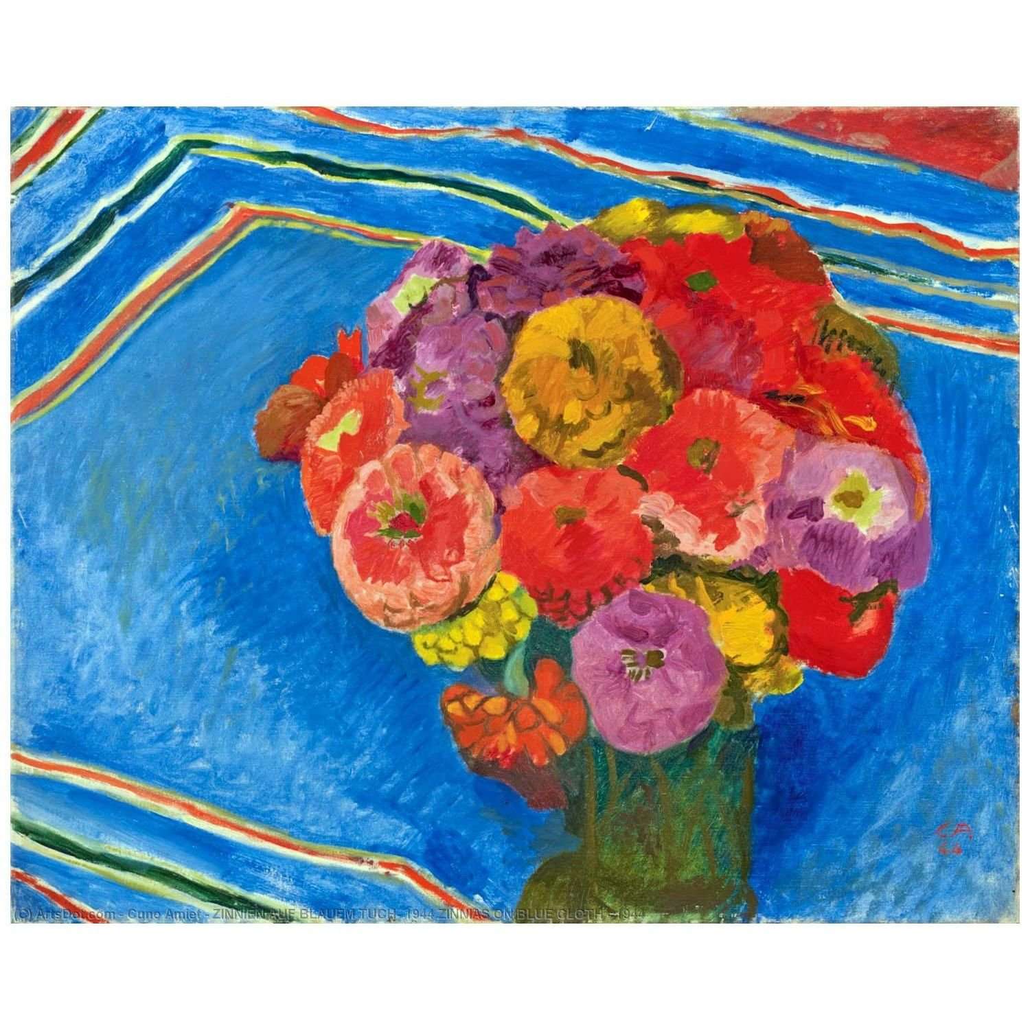 Cuno Amiet. Zinnien auf Blauem. 1944