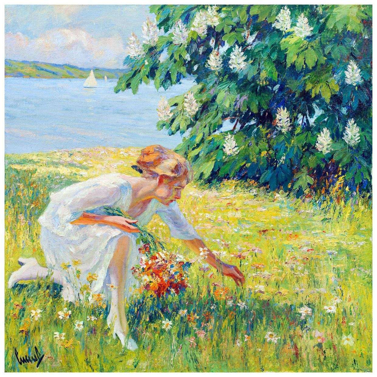  Edward Cucuel. Picking Flowers by a Lake. 1922