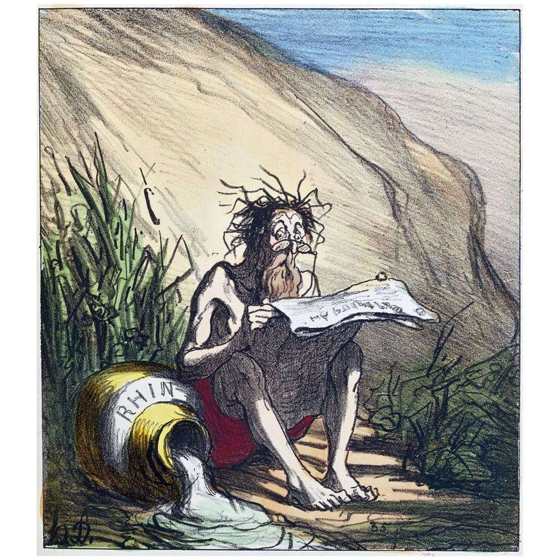  Honore Daumier. Diog?ne lisant un journal. 1870. Llithographie color?e