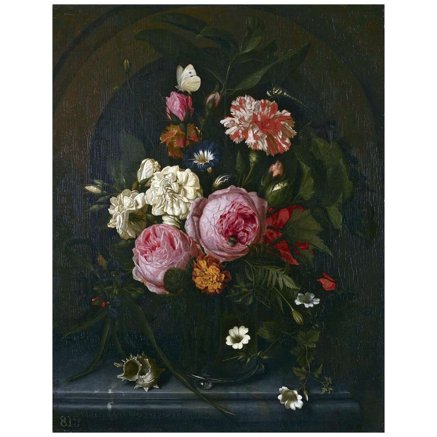  Maria van Oosterwijck. Still Life with Flowers, Insects and a Shell. 1689. Hampton Court London