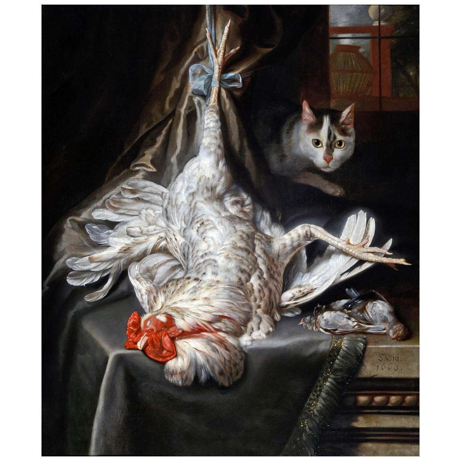   Samuel van Hoogstraten. Bird Still-life with Cat. 1669. Dordrecht Museum
