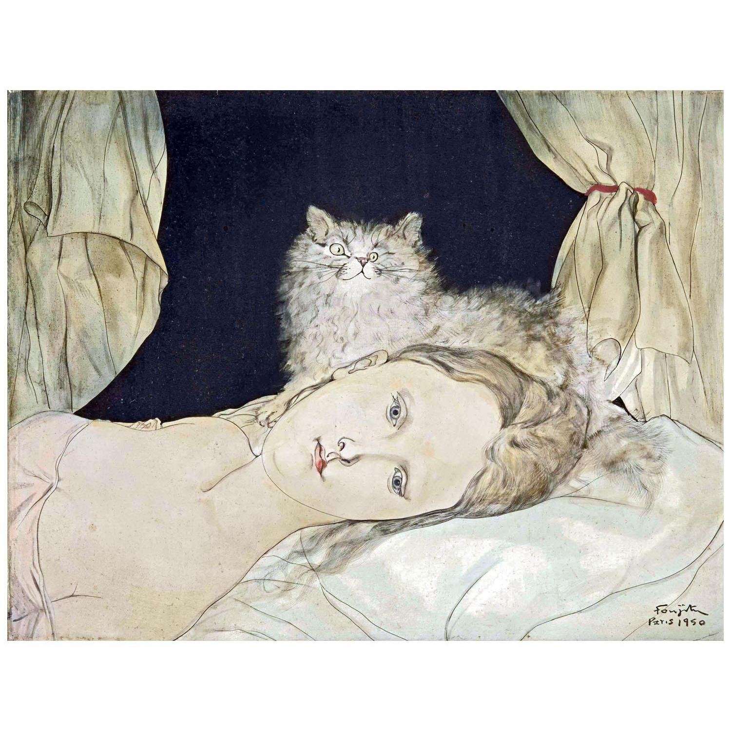  Tsugouharu Foujita. Femme allongee au chat. 1923