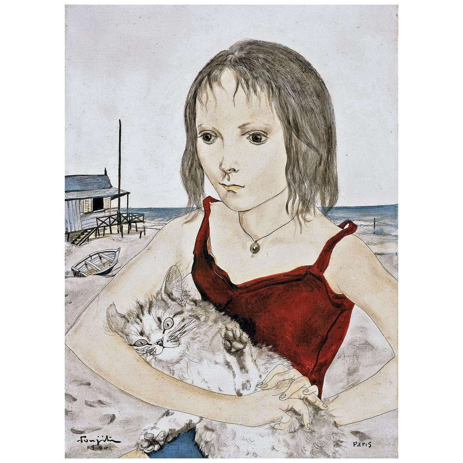  Tsugouharu Foujita. Fille avec chat sur la plage. 1950