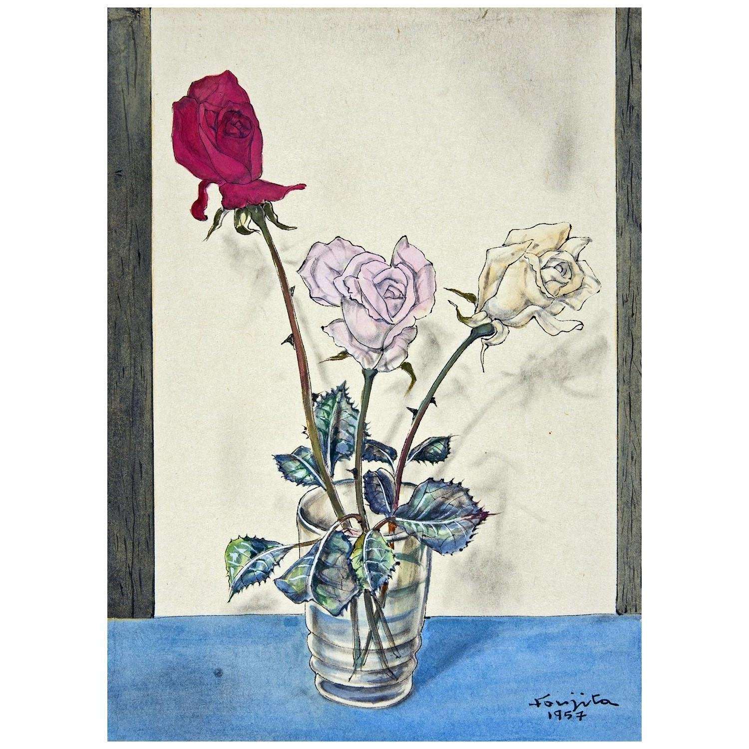  Tsugouharu Foujita. Trois roses dans un vase. 1957