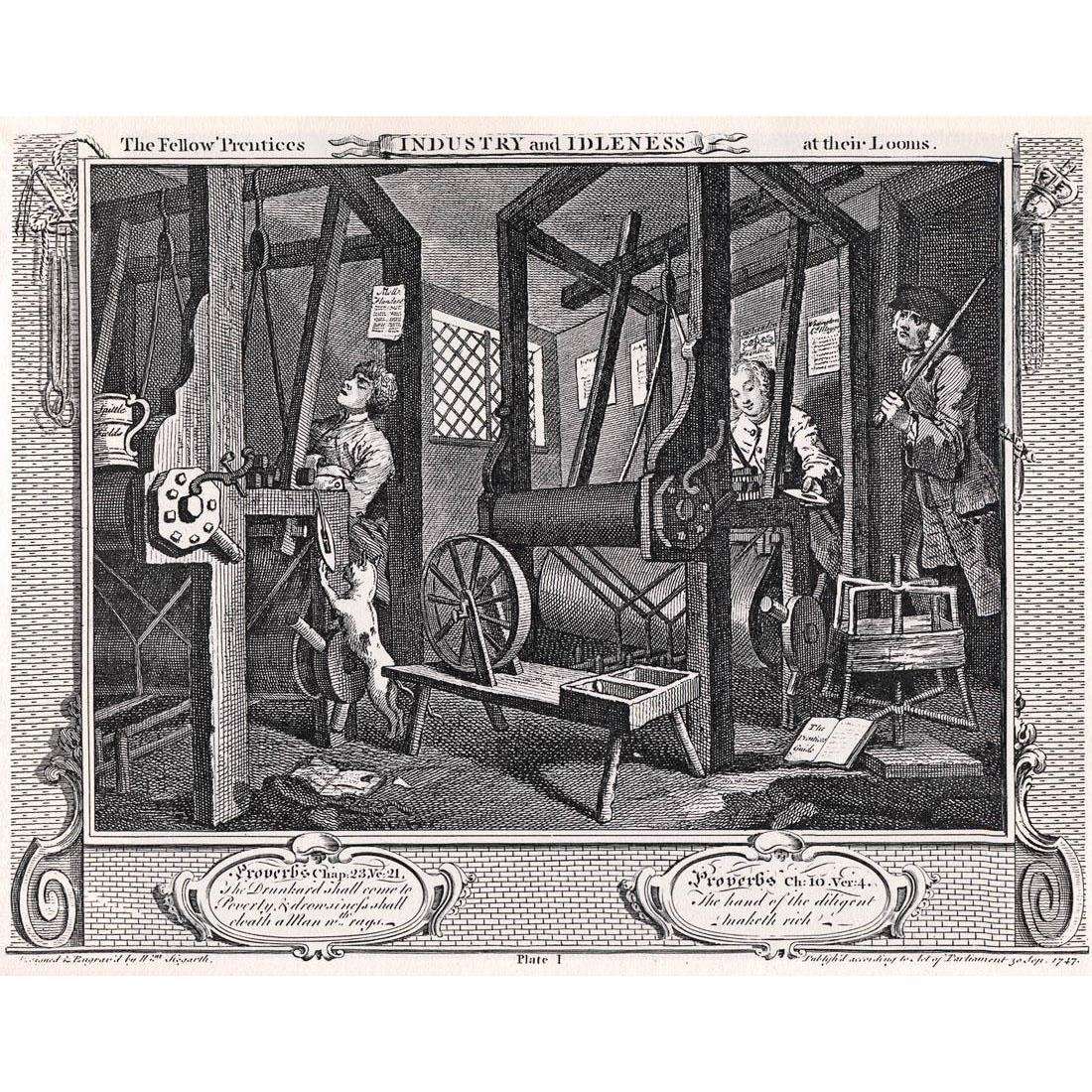  William Hogarth. The Fellow Prentices at their Looms. Industry and Idleness #1. 1747